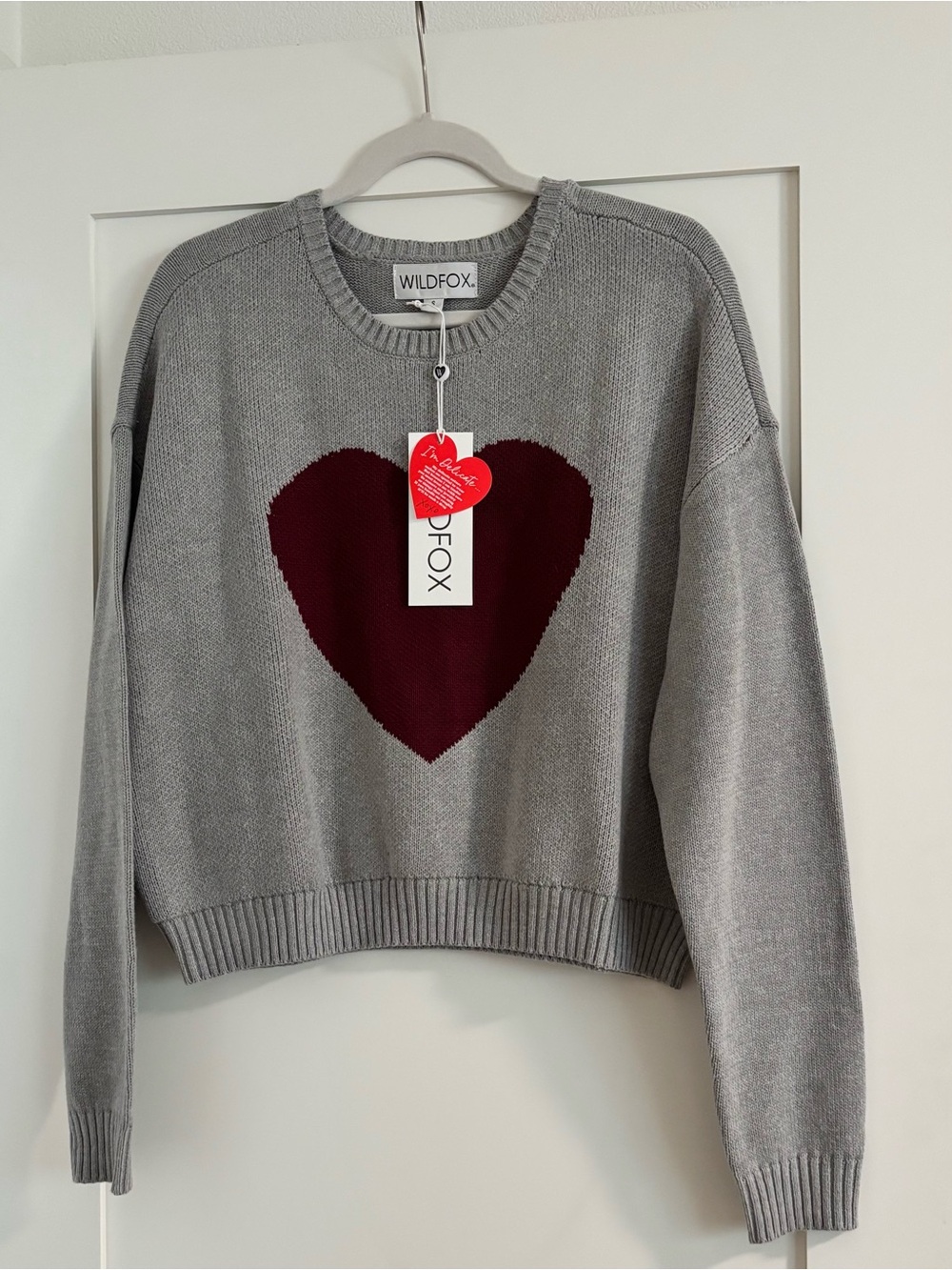 WILDFOX Gray Crewneck Sweater with Burgundy Heart
